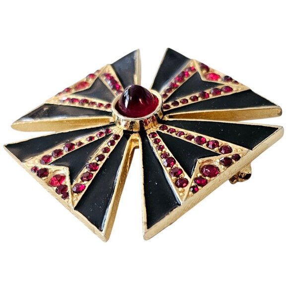 Maltese Cross Brooch Black Enamel, Red Rhinestone Pin Pendant - Picture 6 of 10
